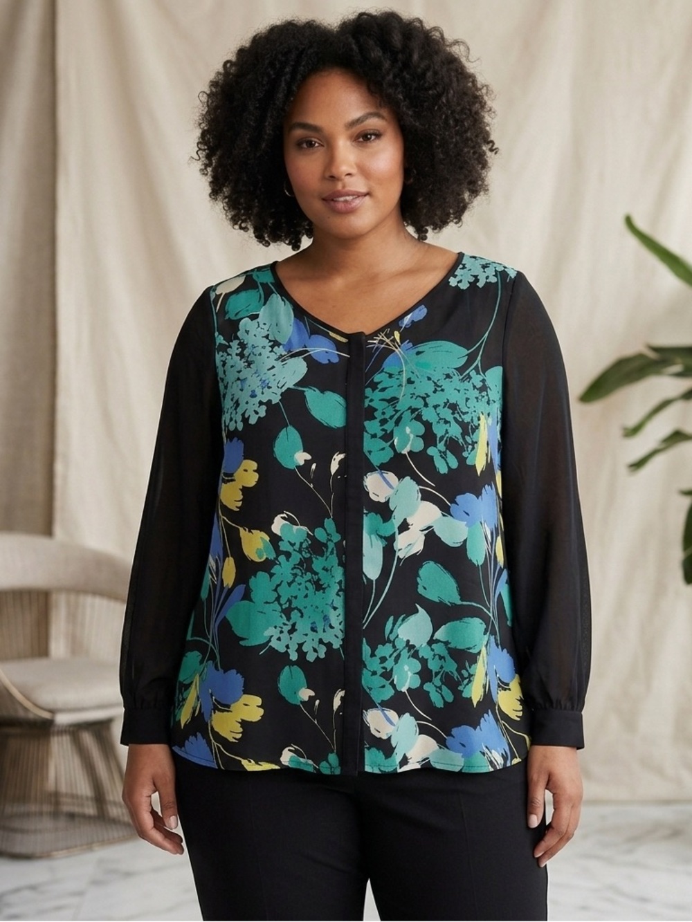 Worthington Black Floral Sheer Long-Sleeve Blouse